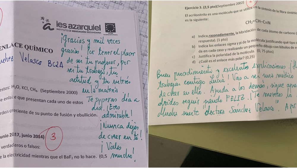 Las anotaciones de un profesor de un profesor de química a su alumna de 2º de Bachillerato: "Nunca dejes de creer en ti"