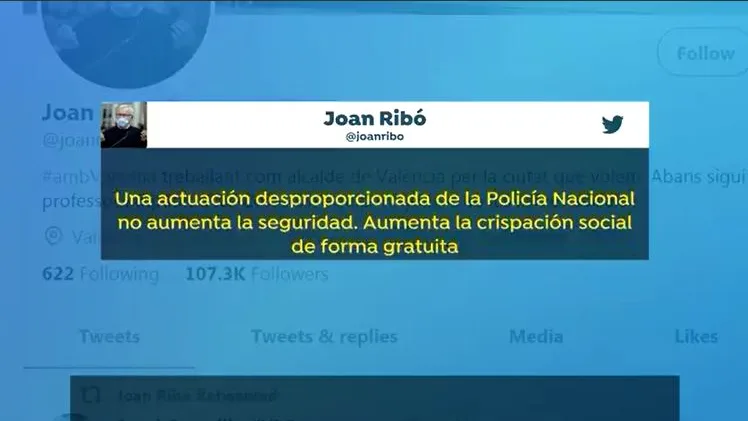 Tuit Joan Ribó sobre la acción de la policía Tuit Joan Ribó sobre la acción de la policía