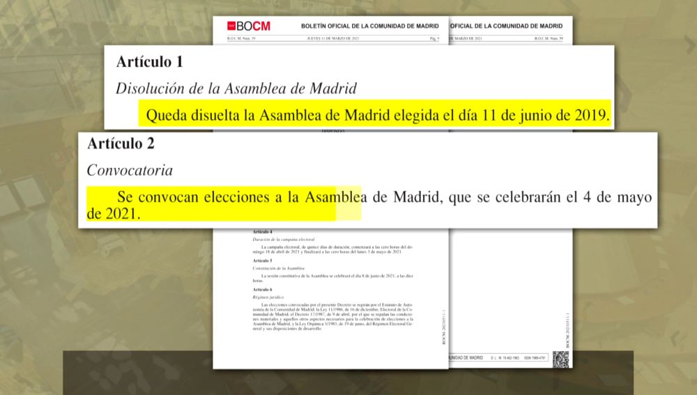 Imagen del BOCM con la convocatoria de elecciones en Madrid
