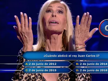 ¡30.000 euros en juego! La abdicación del Rey pone en jaque a Bibiana Fernández en ‘¿Quién quiere ser millonario?’ ¡30.000 euros en juego! La abdicación del Rey pone en jaque a Bibiana Fernández en ‘¿Quién quiere ser millonario?’