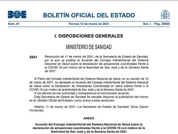 BOE de hoy 12 de marzo sobre las restricciones en Semana Santa y el puente de San José en PDF BOE de hoy 12 de marzo sobre las restricciones en Semana Santa y el puente de San José en PDF