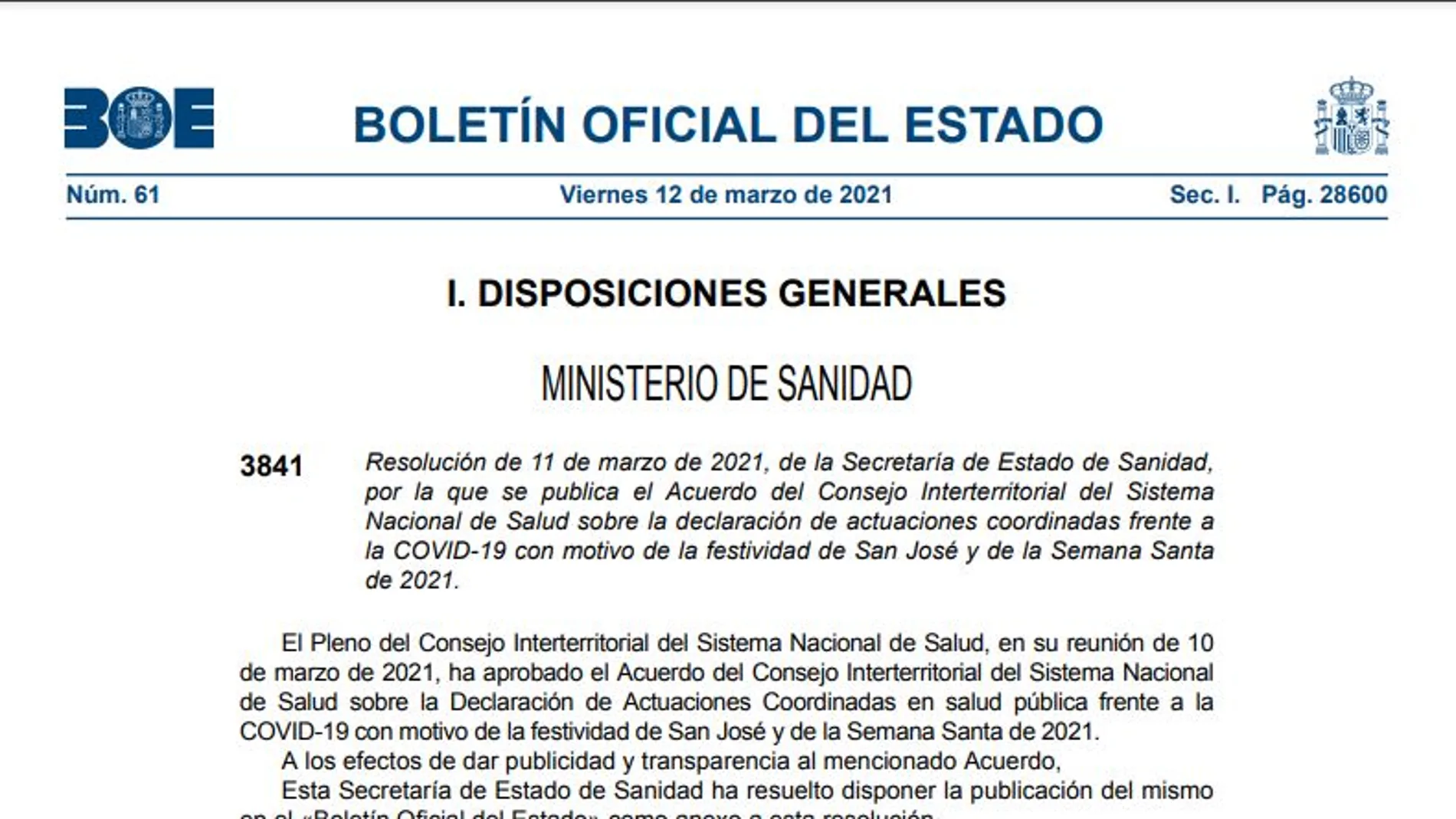 BOE de hoy 12 de marzo sobre las restricciones en Semana Santa y el puente de San José en PDF BOE de hoy 12 de marzo sobre las restricciones en Semana Santa y el puente de San José en PDF