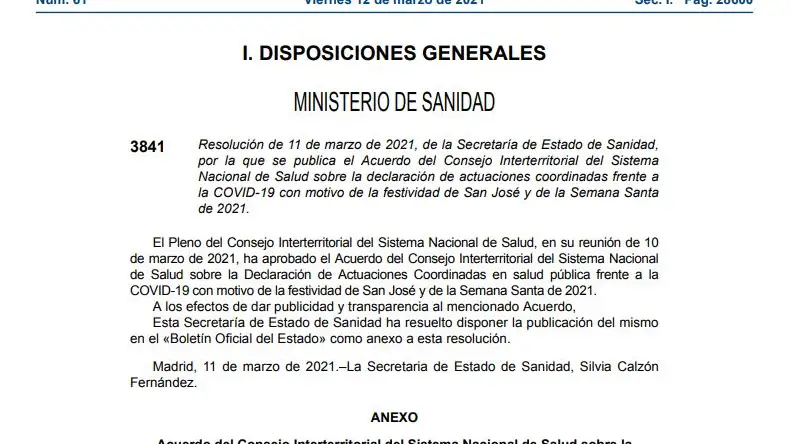 BOE de hoy 12 de marzo sobre las restricciones en Semana Santa y el puente de San José en PDF BOE de hoy 12 de marzo sobre las restricciones en Semana Santa y el puente de San José en PDF