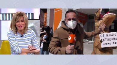 Un 'dinosaurio' se cuela en el directo frente a la sede de Ciudadanos: 