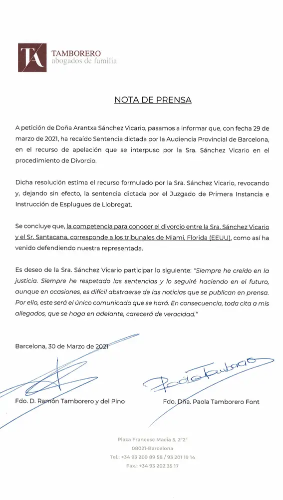 El comunicado de Arantxa Sánchez Vicario