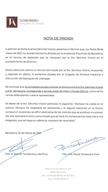 El comunicado de Arantxa Sánchez Vicario El comunicado de Arantxa Sánchez Vicario