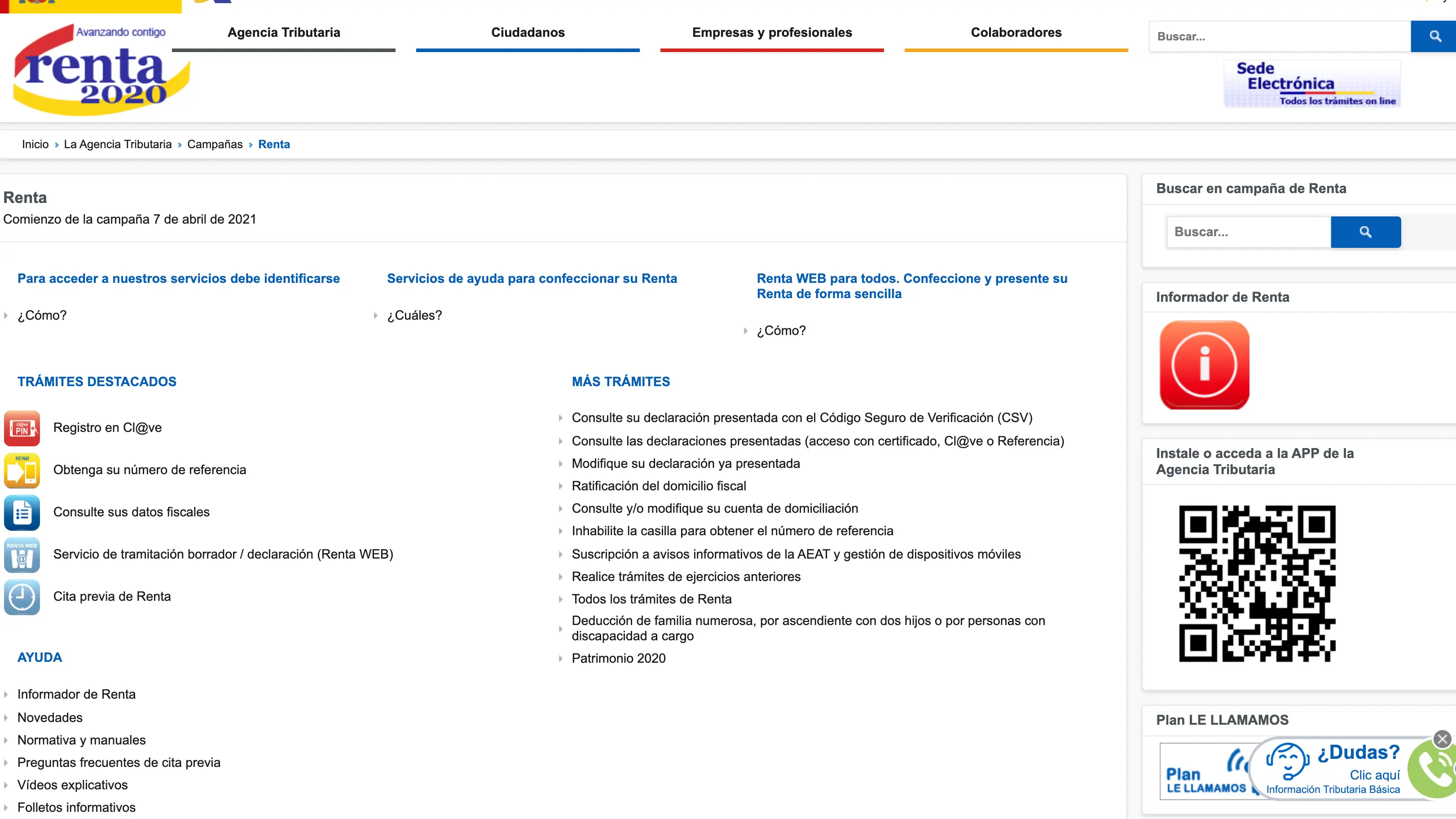 P&aacute;gina principal de la Agencia Tributaria para solicitar el borrador de la declaraci&oacute;n de la Renta
