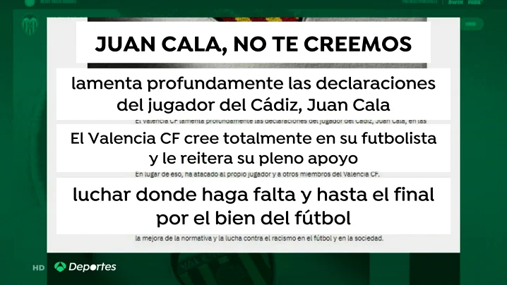 La respuesta del Valencia a Juan Cala: "No te creemos" La respuesta del Valencia a Juan Cala: "No te creemos"