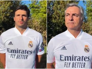 La peculiar forma de Carlos Sainz y Carlos Sainz Jr de animar al Real Madrid en la Champions