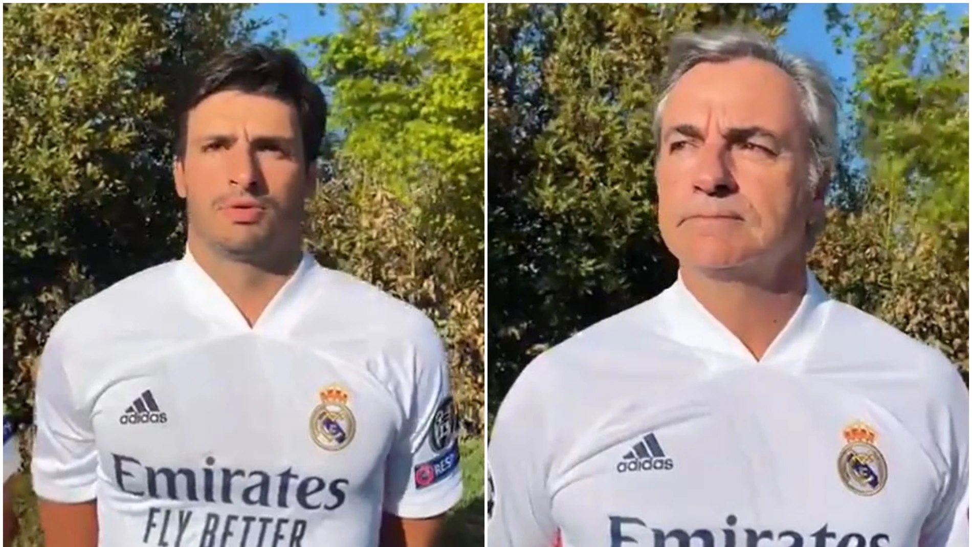 La peculiar forma de Carlos Sainz y Carlos Sainz Jr de animar al Real Madrid en la Champions