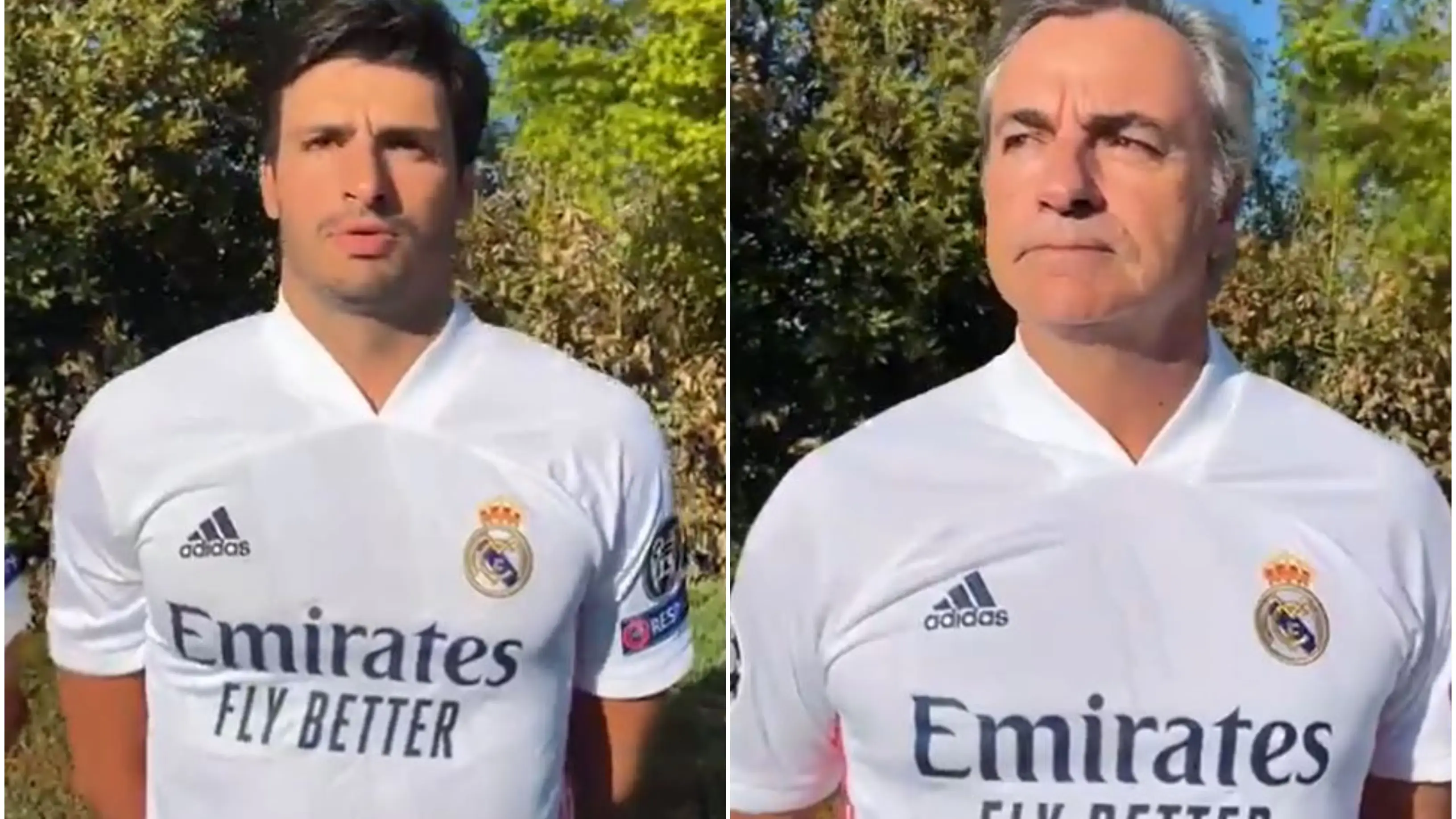 La peculiar forma de Carlos Sainz y Carlos Sainz Jr de animar al Real Madrid en la Champions La peculiar forma de Carlos Sainz y Carlos Sainz Jr de animar al Real Madrid en la Champions