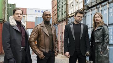 Los actores Daniel Brühl, Anthony Mackie, Sebastian Stan y Emily VanCamp, en el rodaje de 'Falcon y el Soldado de Invierno'