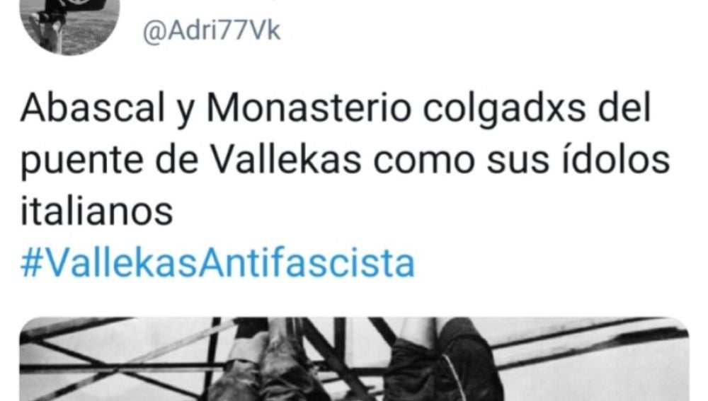 Tweet denunciado por comparar a Abascal y Monasterio con Mussolini