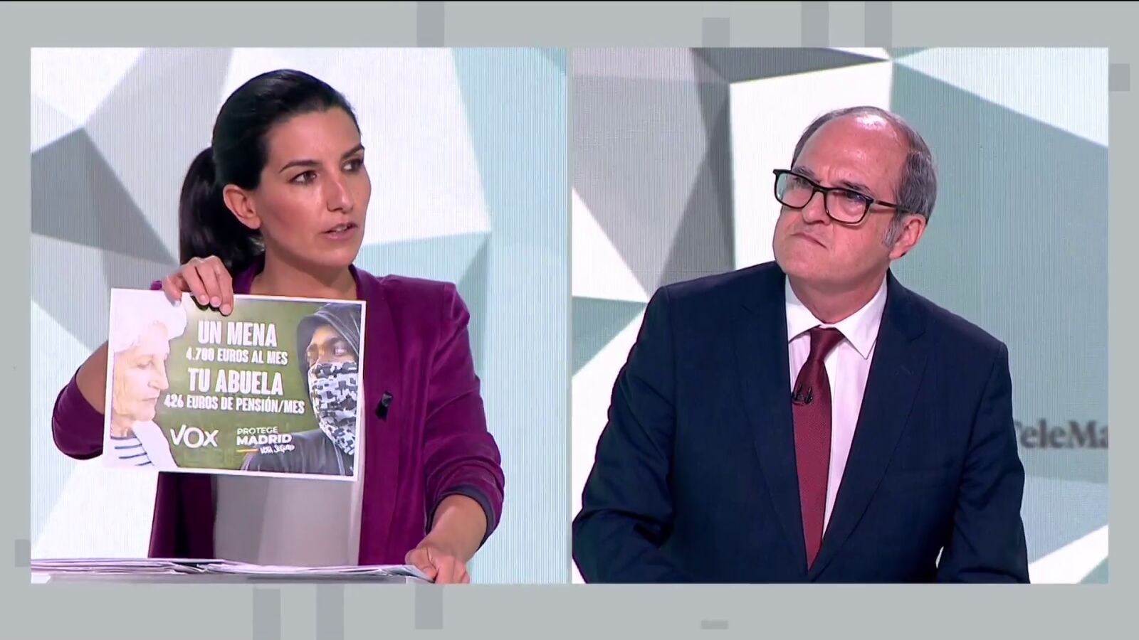 Rocío Monasterio muestra en el debate el cartel electoral de Vox para las elecciones en Madrid