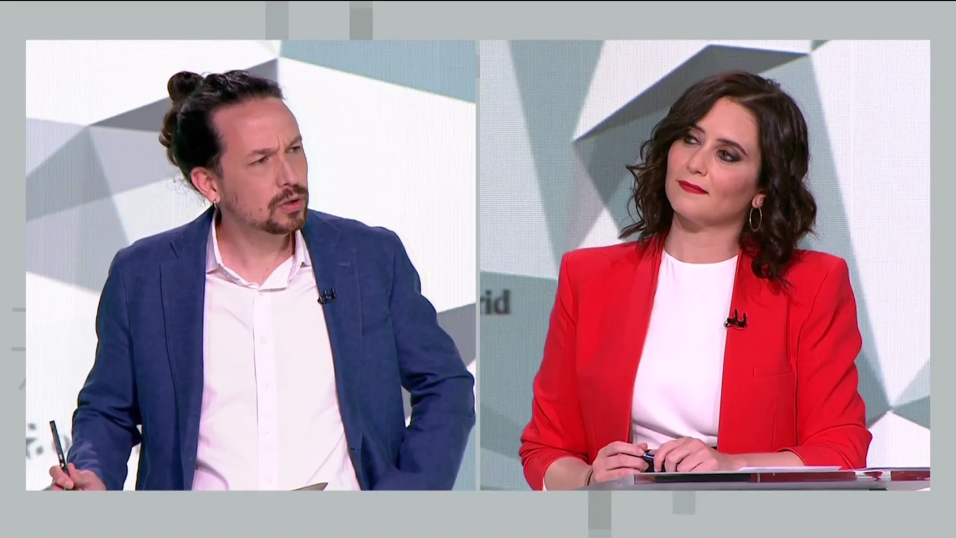 Pablo Iglesias e Isabel Díaz Ayuso durante un debate electoral