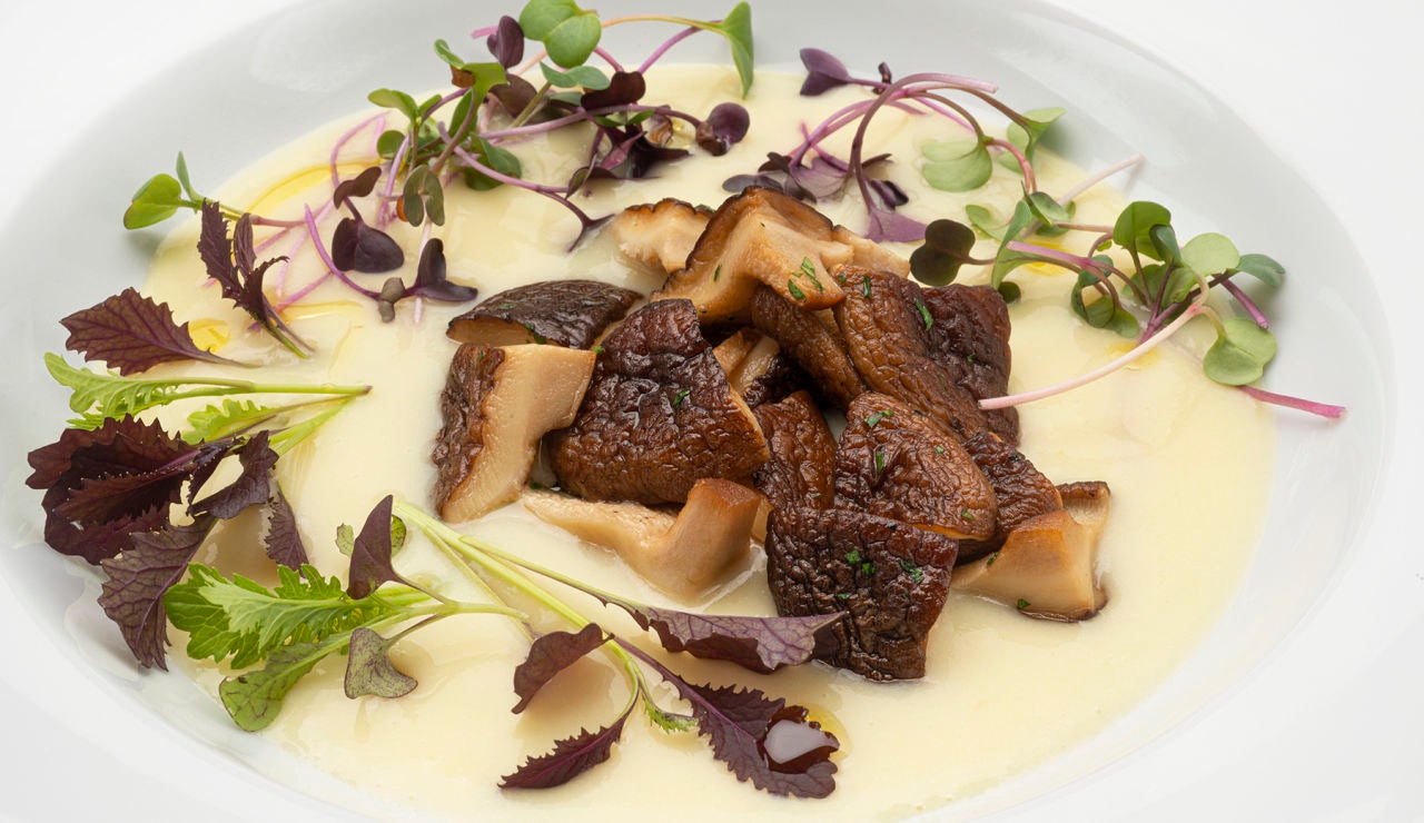 Receta de shitake al ajillo con crema de puerros y brotes, de Karlos Arguiñano Receta de shitake al ajillo con crema de puerros y brotes, de Karlos Arguiñano