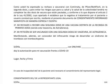 Documento de consentimiento para recibir la segunda dosis de AstraZeneca en PDF