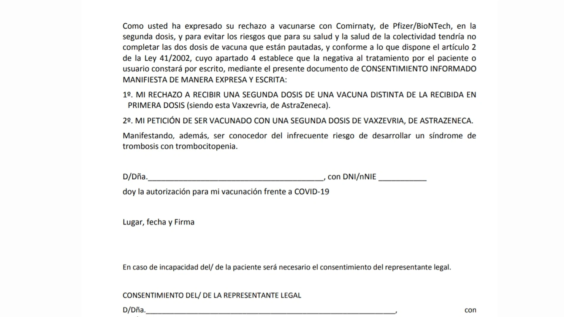 Documento de consentimiento para recibir la segunda dosis de AstraZeneca en PDF