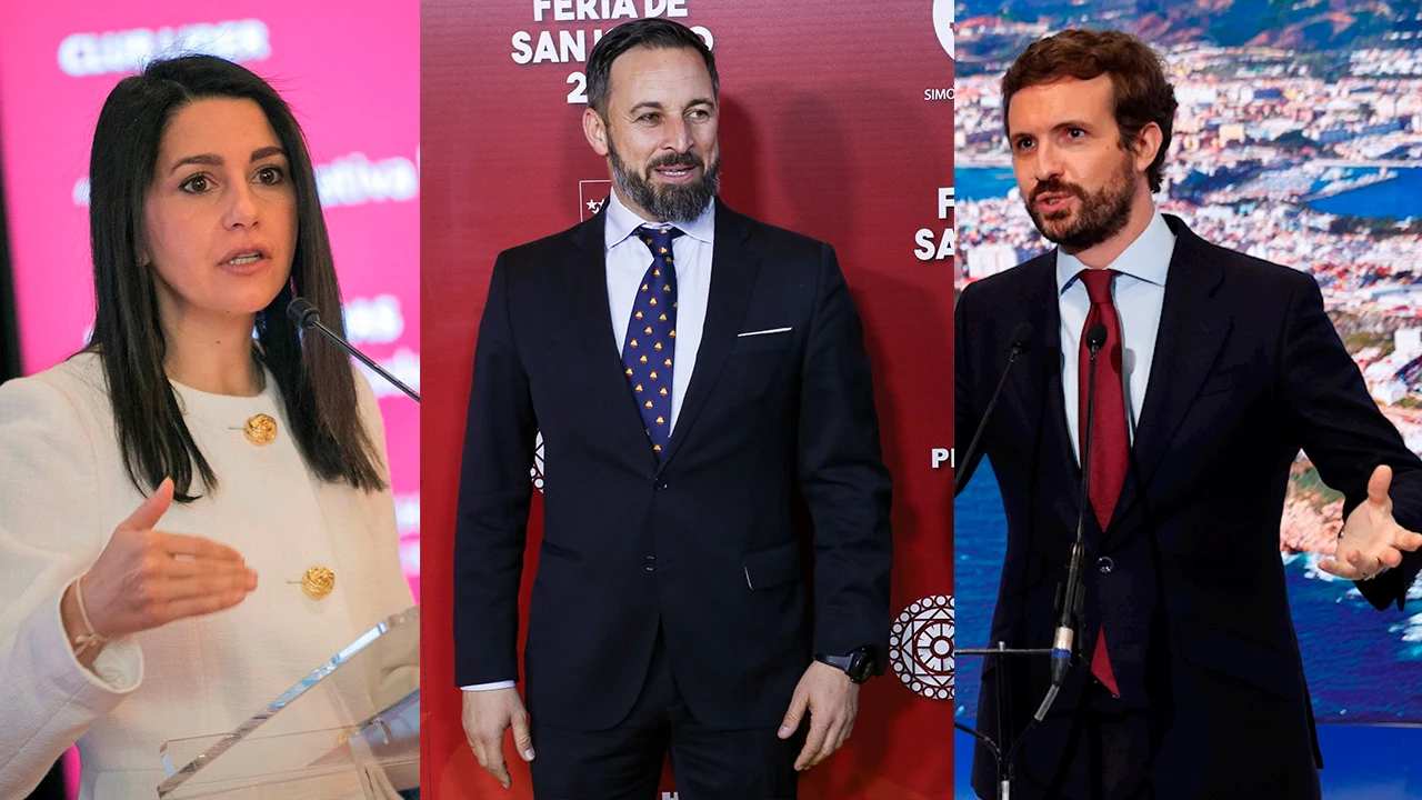 Montaje de las fotos de Inés Arrimadas, Santiago Abascal y Pablo Casado Montaje de las fotos de Inés Arrimadas, Santiago Abascal y Pablo Casado