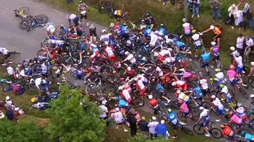 Caída masiva en el pelotón del Tour de Francia por culpa de la pancarta de un espectador Caída masiva en el pelotón del Tour de Francia por culpa de la pancarta de un espectador