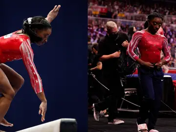 Simone Biles en el momento de cometer un error en la barra de equilibrio Simone Biles en el momento de cometer un error en la barra de equilibrio