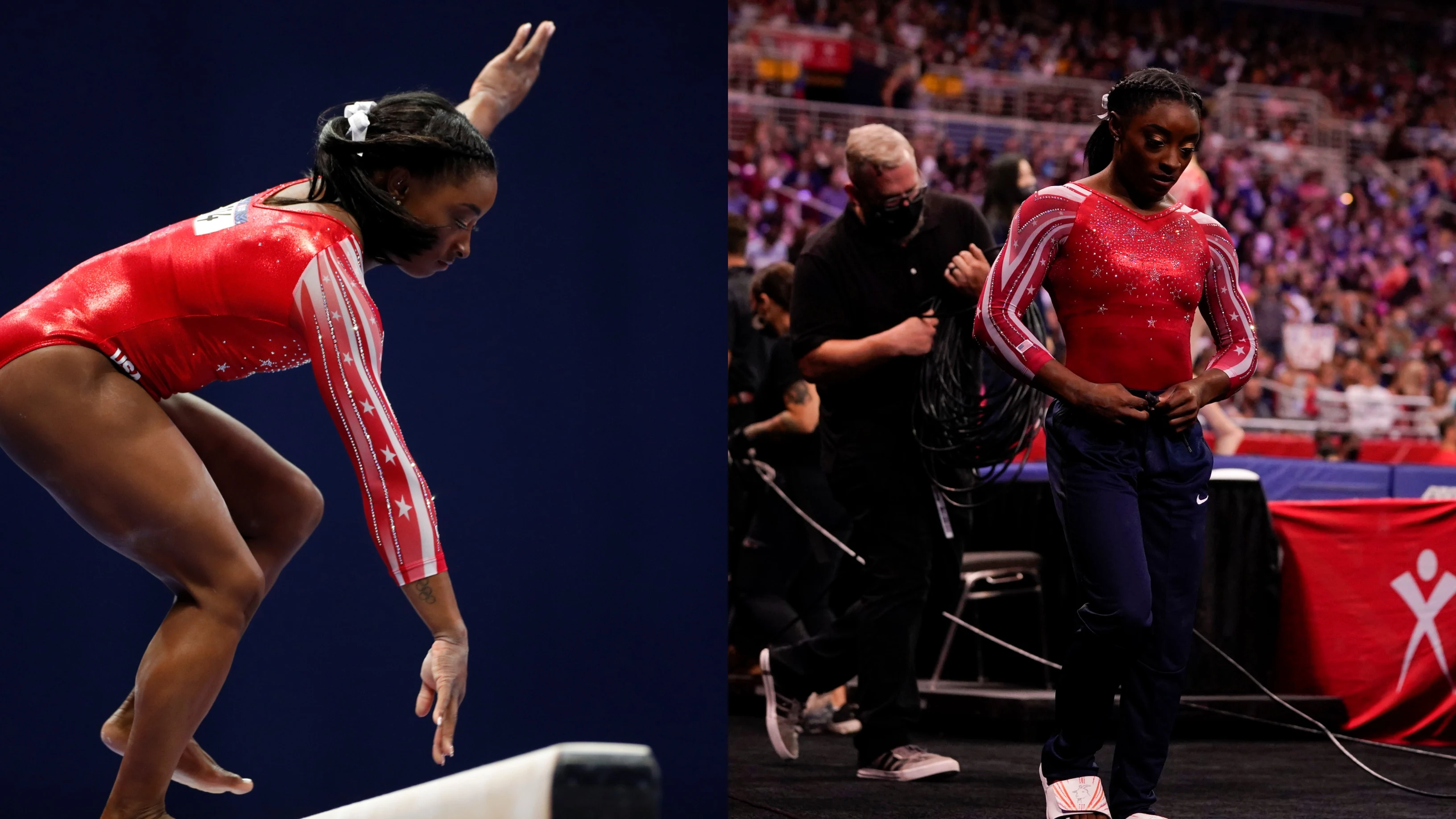 Simone Biles en el momento de cometer un error en la barra de equilibrio Simone Biles en el momento de cometer un error en la barra de equilibrio