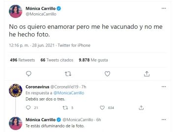 Mónica Carrillo se vacuna frente al coronavirus: "No os quiero enamorar pero me he vacunado y no me he hecho foto"