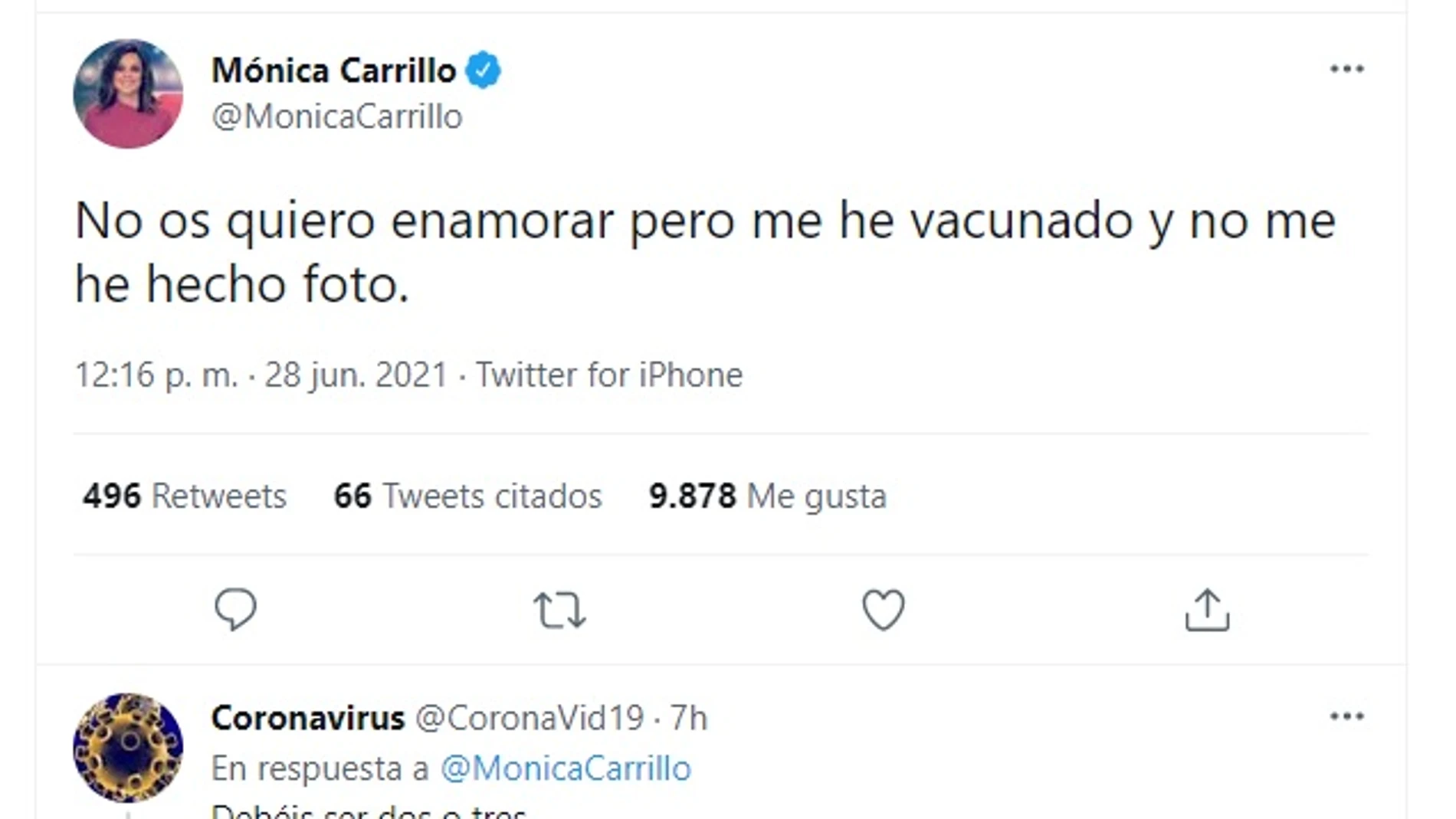 Mónica Carrillo se vacuna frente al coronavirus: &quot;No os quiero enamorar pero me he vacunado y no me he hecho foto&quot;