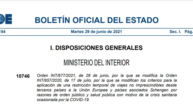 BOE de hoy 29 de junio sobre la exigencia de vacunaci&oacute;n o PCR negativa a los brit&aacute;nicos, en PDF
