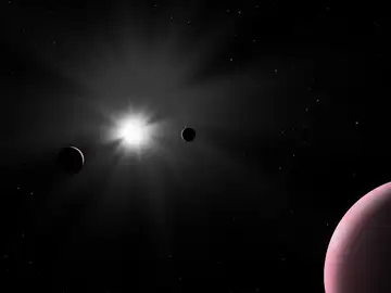 Impresión artística del sistema planetario Nu2 Lupi. Impresión artística del sistema planetario Nu2 Lupi.
