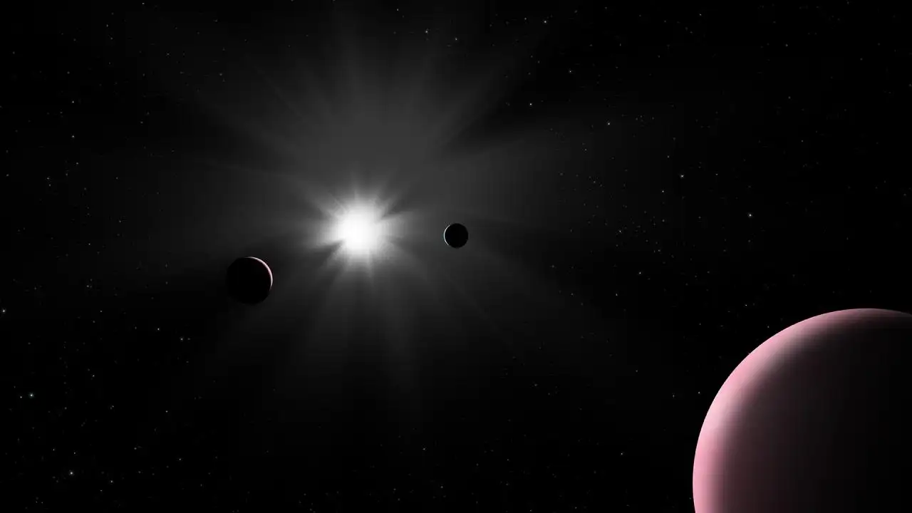 Impresión artística del sistema planetario Nu2 Lupi. Impresión artística del sistema planetario Nu2 Lupi.