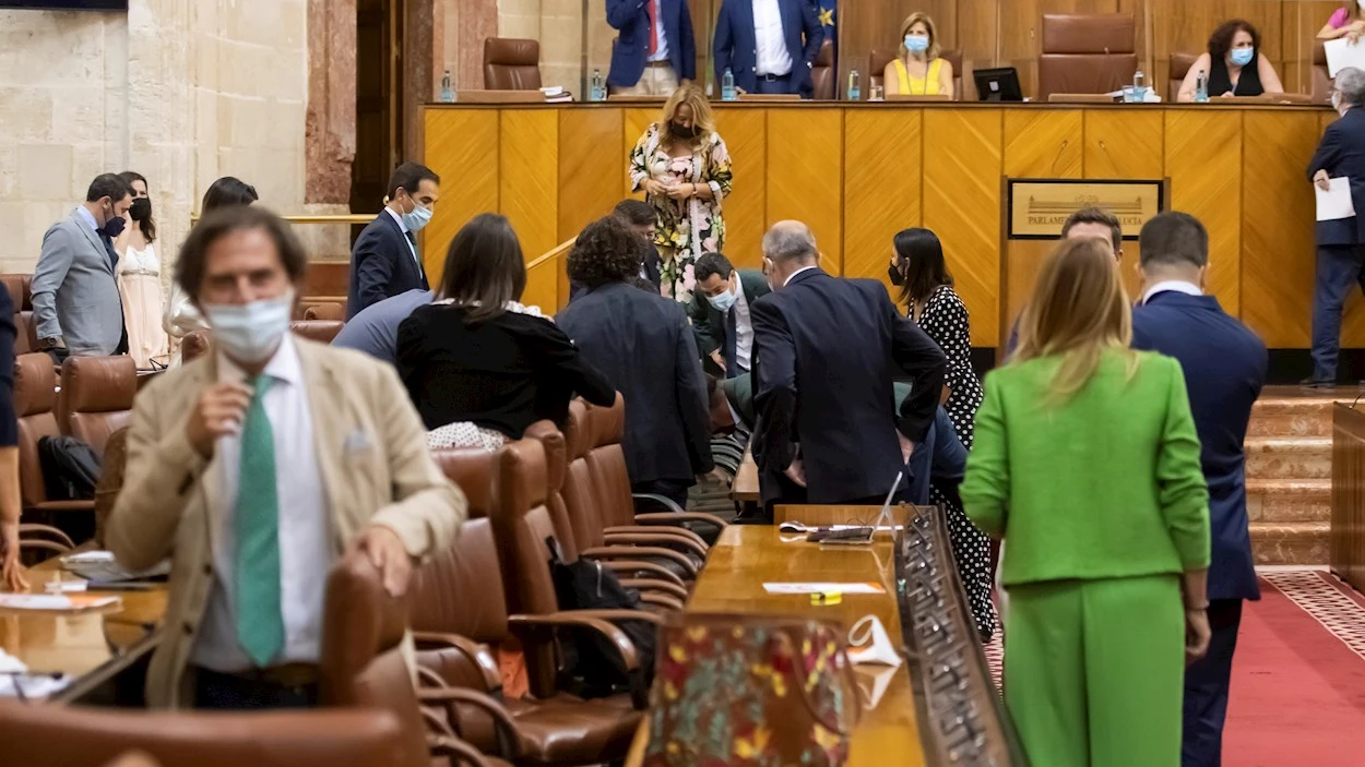 El presidente andaluz, Juanma Moreno (centro al fondo) y varios diputados buscando una rata que ha irrumpido este miércoles en el salón de plenos del Parlamento andaluz durante el inicio del pleno, lo que ha causado un gran revuelo entre los diputados y ha obligado a parar la sesión hasta que han conseguido echarla. El presidente andaluz, Juanma Moreno (centro al fondo) y varios diputados buscando una rata que ha irrumpido este miércoles en el salón de plenos del Parlamento andaluz durante el inicio del pleno, lo que ha causado un gran revuelo entre los diputados y ha obligado a parar la sesión hasta que han conseguido echarla.