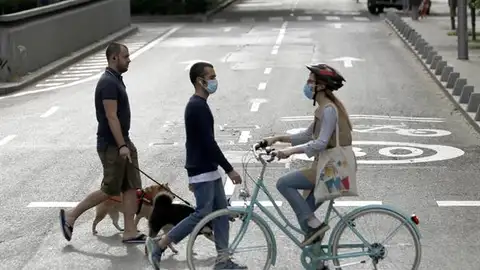 Una persona pasea con su perro sin mascarilla por Madrid Una persona pasea con su perro sin mascarilla por Madrid