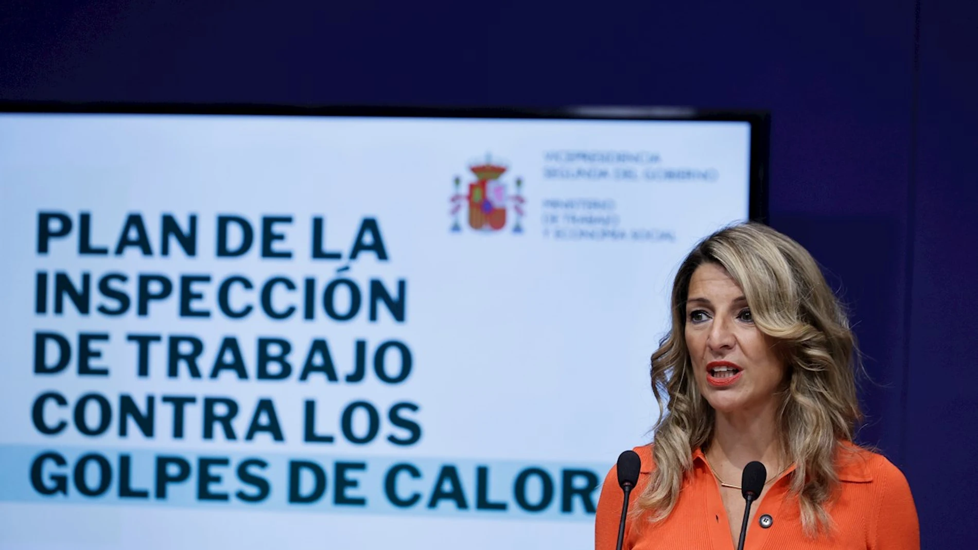 La ministra de Trabajo, Yolanda Díaz, presenta el primer plan de actuación de la Inspección de Trabajo frente al golpe de calor