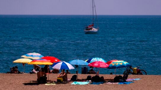 Unos ba&ntilde;istas se protegen del sol bajo las sombrillas en la playa de La Malagueta