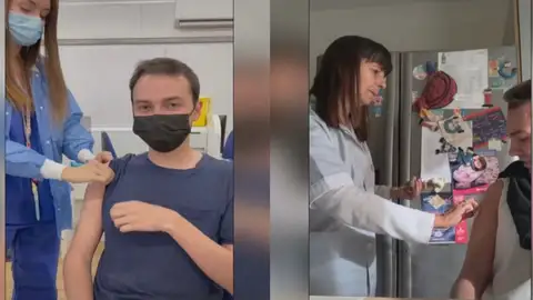 El momento divertido de una madre vacunando a su hijo El momento divertido de una madre vacunando a su hijo