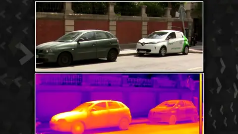 Una cámara termográfica muestra una diferencia de 40º C en superficies y objetos expuestos al intenso calor Una cámara termográfica muestra una diferencia de 40º C en superficies y objetos expuestos al intenso calor