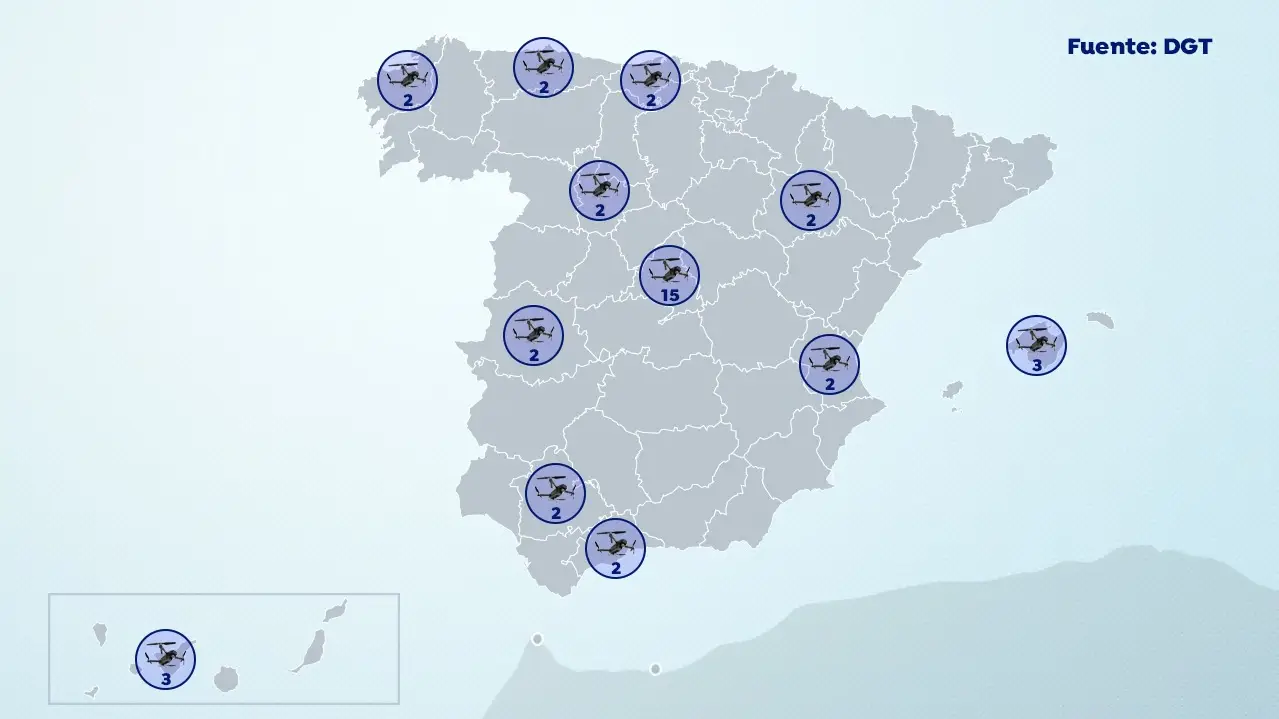Así se distribuyen los 39 drones de la DGT utilizados en la tercera operación salida del verano 2021 Así se distribuyen los 39 drones de la DGT utilizados en la tercera operación salida del verano 2021