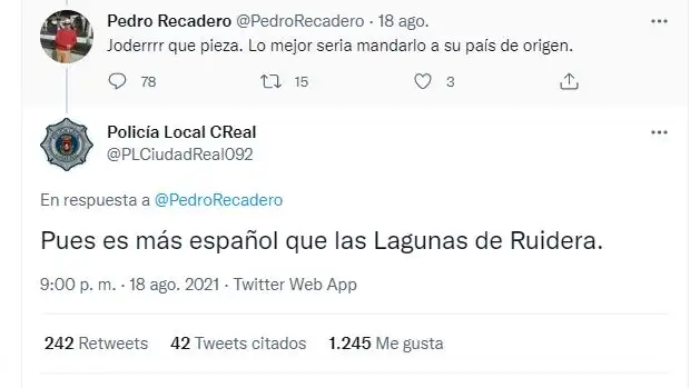 El 'zasca' de la Policía Local de Ciudad Real a un comentario racista: "Es más español que las Lagunas de Ruidera" El 'zasca' de la Policía Local de Ciudad Real a un comentario racista: "Es más español que las Lagunas de Ruidera"