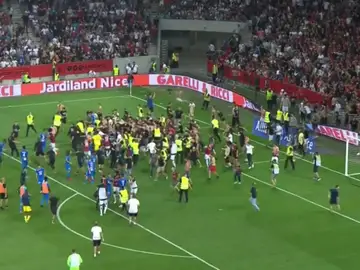 Decenas de aficionados del Niza saltan al campo para pegar a los jugadores del Marsella Decenas de aficionados del Niza saltan al campo para pegar a los jugadores del Marsella