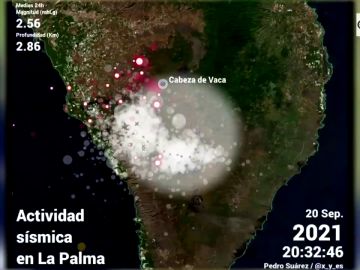 La imagen que muestra cómo evoluciona la actividad sísmica y la erupción del volcán de La Palma