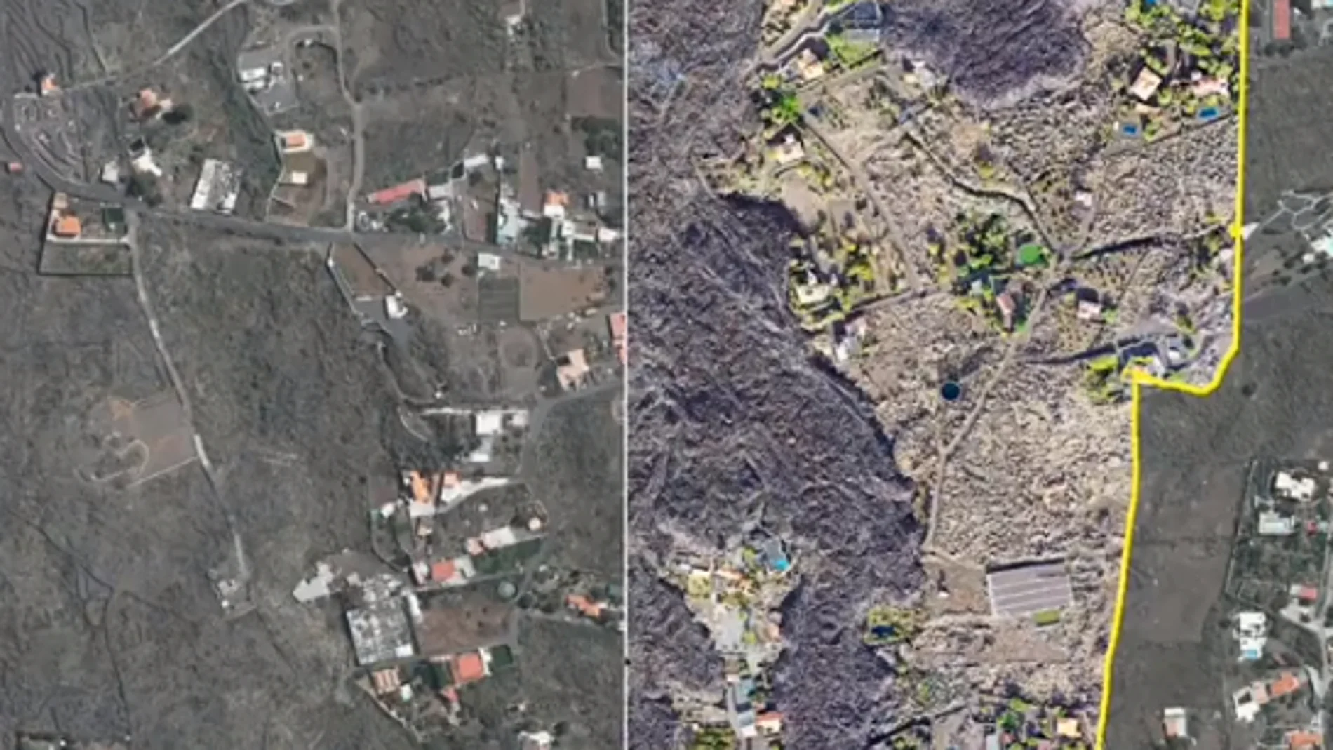 Antes y después del terreno de La Palma tras el paso de una colada de lava