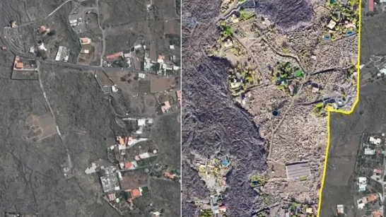 Antes y después del terreno de La Palma tras el paso de una colada de lava Antes y después del terreno de La Palma tras el paso de una colada de lava