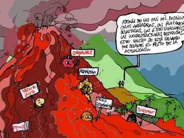 La cobertura informativa del volcán de La Palma, en la viñeta gráfica de Alfredo Boto-Hervás La cobertura informativa del volcán de La Palma, en la viñeta gráfica de Alfredo Boto-Hervás
