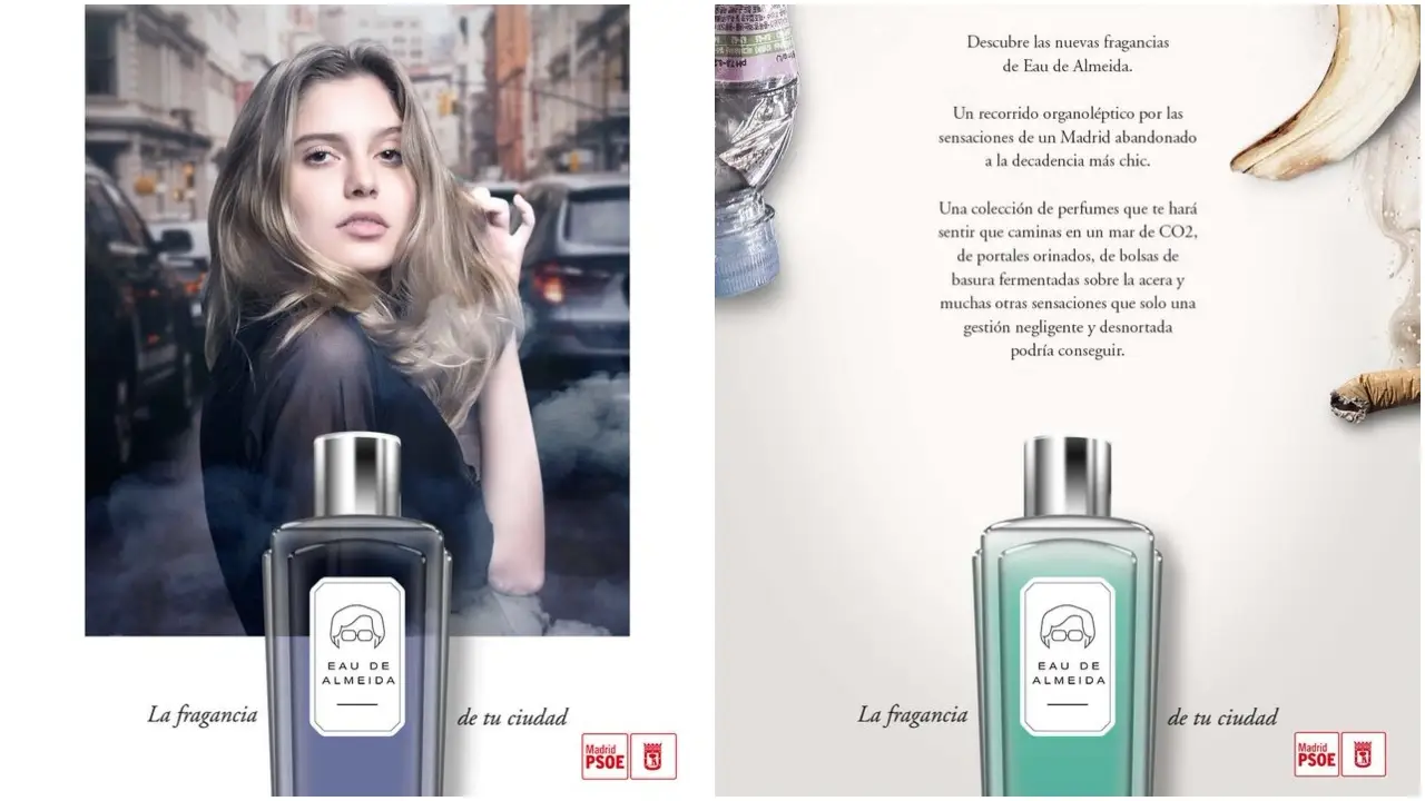 Carteles de la campaña del perfume del alcalde José Luis Martínez-Almeida, Eau de Almeida Carteles de la campaña del perfume del alcalde José Luis Martínez-Almeida, Eau de Almeida
