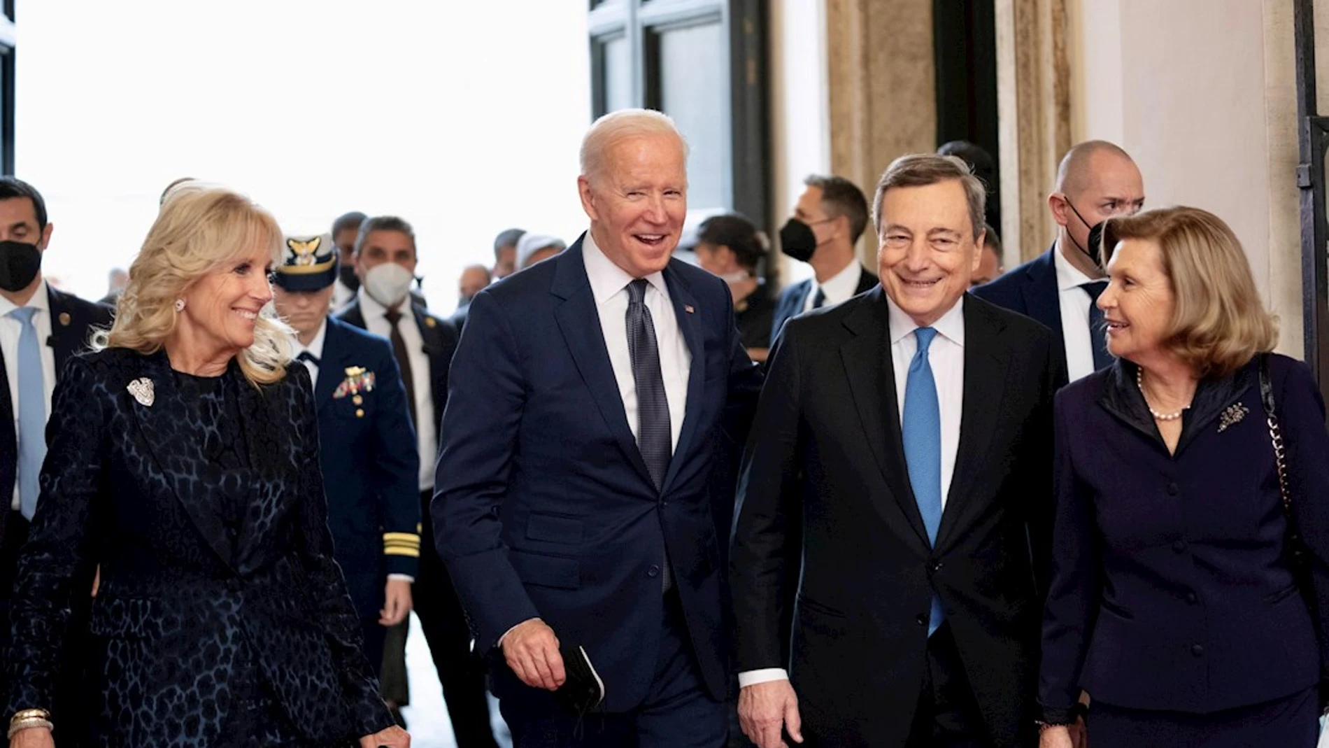 Mario Draghi y su mujer, Maria Serenella Cappello, con el presidente de EEUU, Joe Biden, y la primera dama, Jill Biden.