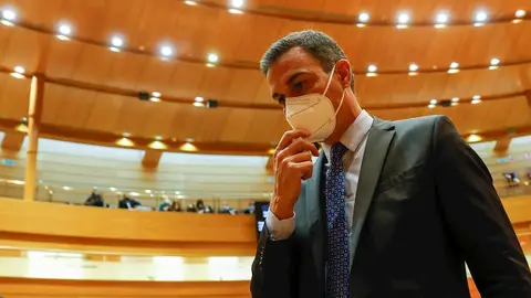 El presidente del Gobierno, Pedro Sánchez, tras su intervención en la sesión de control al Gobierno celebrada por el pleno del Senado, este martes en Madrid El presidente del Gobierno, Pedro Sánchez, tras su intervención en la sesión de control al Gobierno celebrada por el pleno del Senado, este martes en Madrid