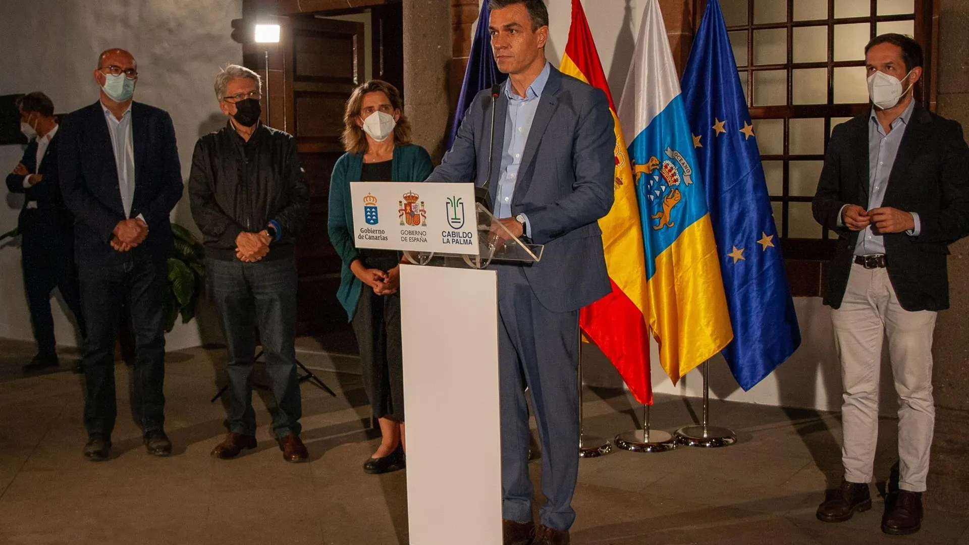 Pedro Sánchez anuncia la inversión de 615 millones de euros para Planes de Sostenibilidad Turística. El presidente del Gobierno, Pedro Sánchez, durante la rueda de prensa que ofreció el primero este viernes tras visitar el litoral de Tazacorte.