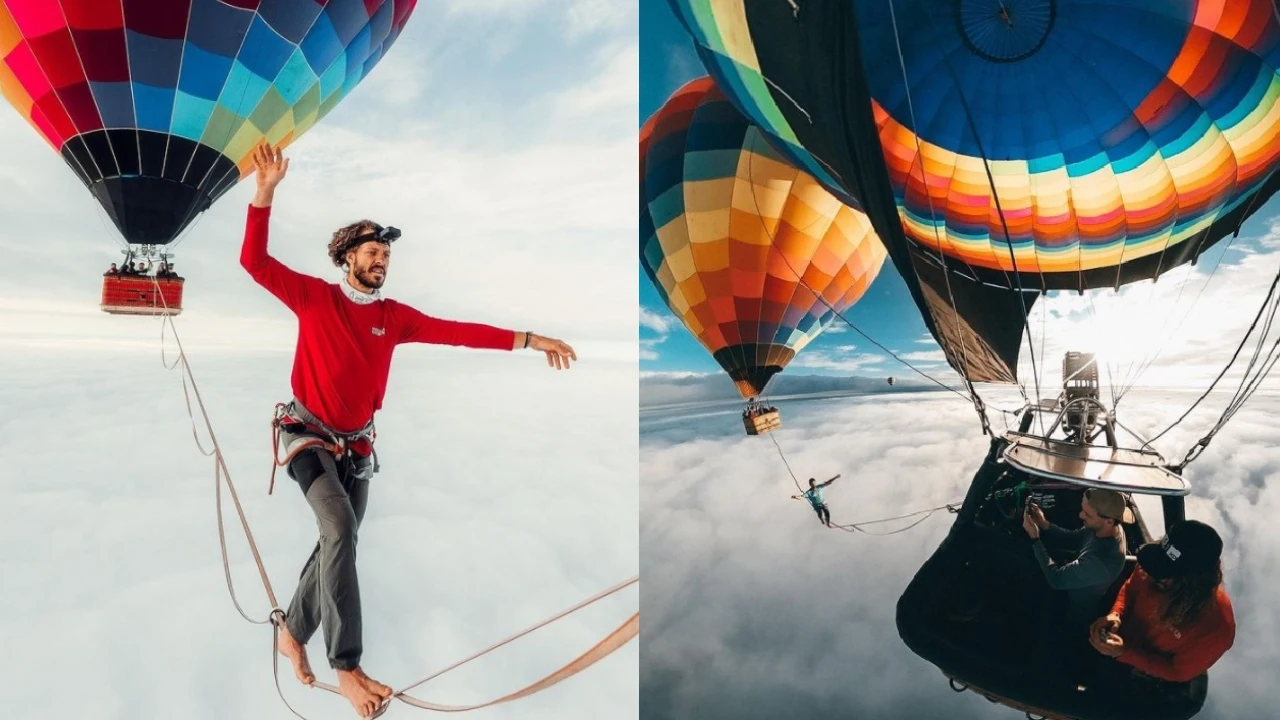 Rafael Bridi logra cruzar una cuerda entre dos globos a 1.900 metros de altura en un nuevo récord de slackline Rafael Bridi logra cruzar una cuerda entre dos globos a 1.900 metros de altura en un nuevo récord de slackline