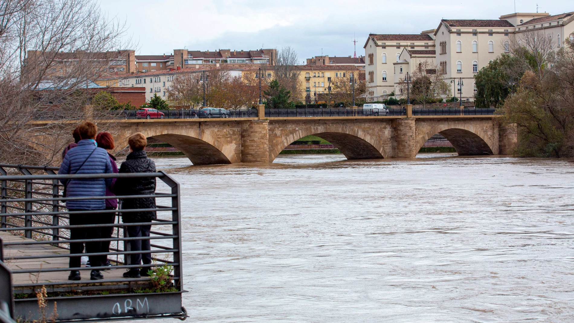 Se desborda el río Ebro a su paso por Tudela a causa del temporal 